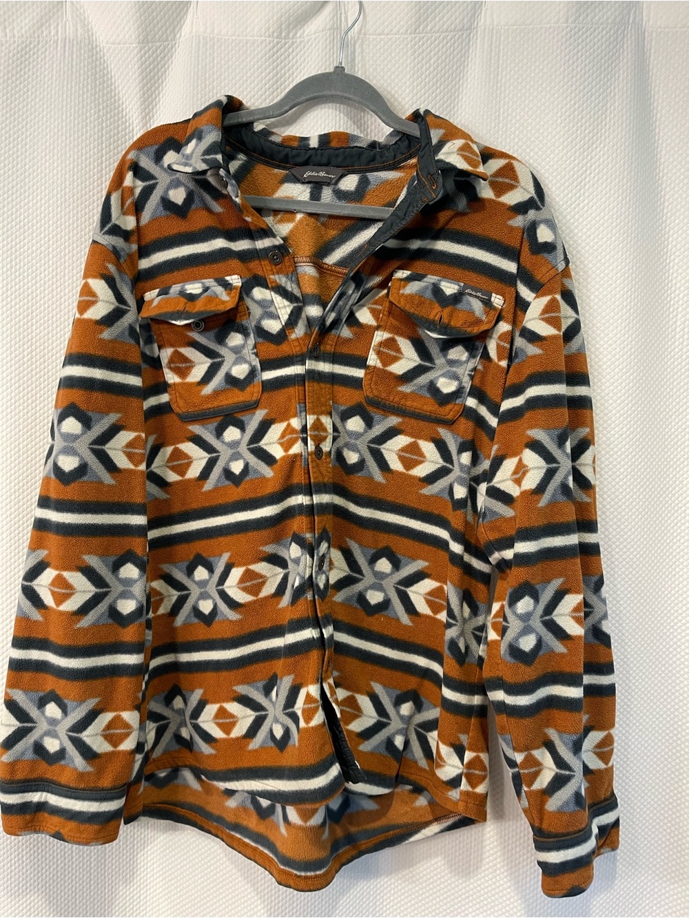 Eddie Bauer Rust Orange, Black & Cream Patterned Fleece Shirt Jacket